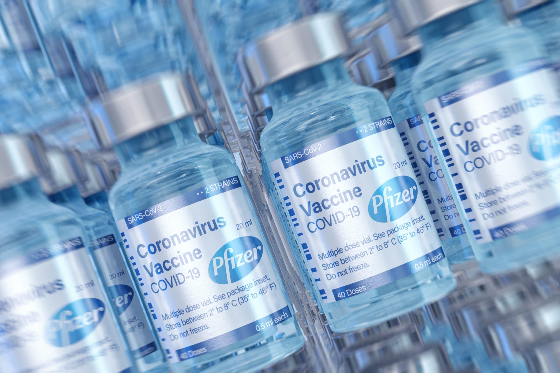 COVID-19 coronavirus vaccine bottles. Pfizer BioNTech vaccine in